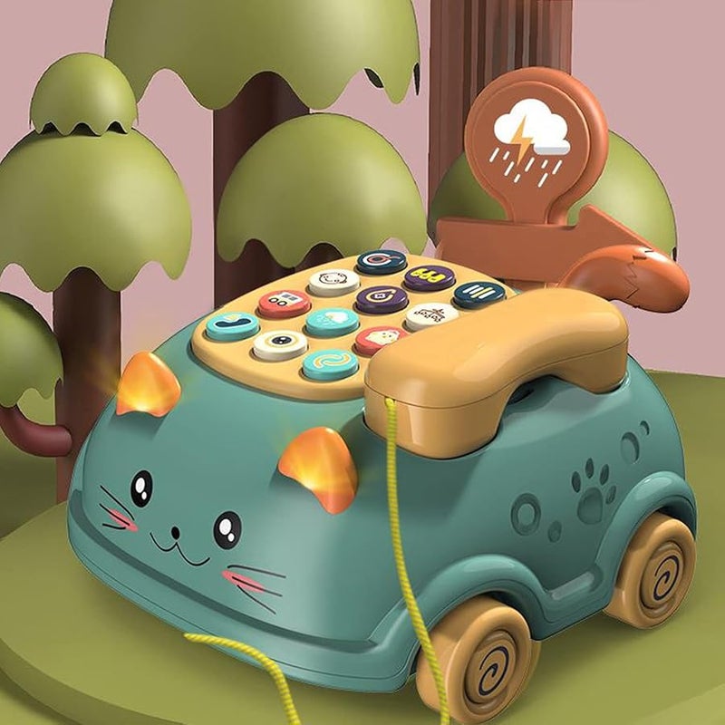 هاتف أطفال أخضر مع موسيقى وصوت وإضاءة تعليمي تفاعلي على شكل وجه قطة - Image 3